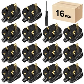 UK Plugs with 13 AMP Fused, 3 pin Mains Plug with Cord Grip Rewireable Heavy Duty Electrical Plug, Rubber Composite Plug, 16 Pack - Black