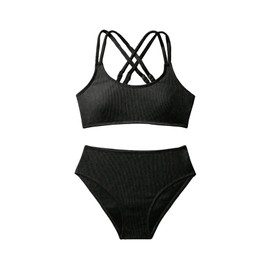 Milumia Girl's 2 Piece Swimsuits Criss Cross Spaghetti Strap Bikini Sets Swimwear, Black, 11 Years