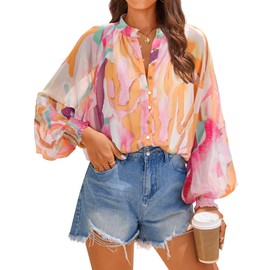 ZESICA Women's Floral Print Blouse 2025 Long Sleeve Button Down Casual Fall Boho Oversized Tops Shirts,Yellow Purple,Medium