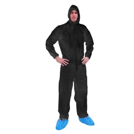 RAYGARD 30003 Disposable Dust Polypropylene PP Coverall with Hood Suit Lightweight Elastic Cuffs, Ankles, Waist Zipper Front for Spray Painting Industrial(XX-Large, Black)