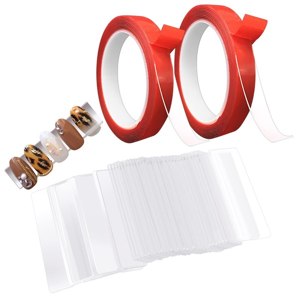 Lady Up 100 piezas soporte de uñas para prensar sobre uñas transparente soporte de exhibición con cinta de doble cara de 3 metros y 5 metros