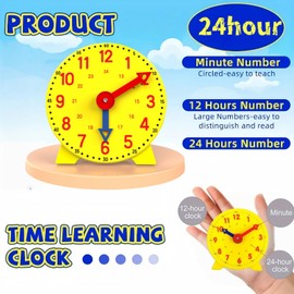 Mubuni 24-Hour Teaching Clock,Yellow Teaching Clock learn to time clock,Te/aching and Display Clo/ck Model,Colorful Educational Teac/hing Cl/ock,Mini Learning Clo/ck