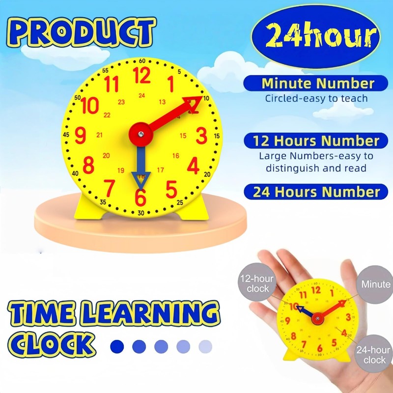 Mubuni 24-Hour Teaching Clock,Yellow Teaching Clock learn to time clock,Te/aching