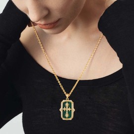 Fettero Necklaces for Women Trendy 14K Gold Plated Charm Necklace Malachite Tag Cross Pendant Dainty Gold Necklace for Women Faith Jewelry