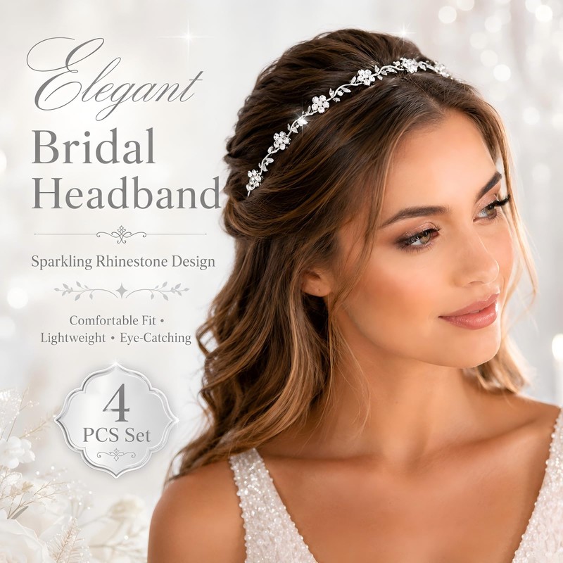 4 Pcs Rhinestone Headbands for Women Silver Bridal Wedding Hair