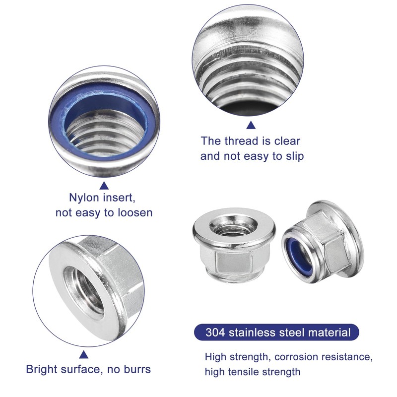 sourcing map M8x1.25mm Flange Nylon Insert Lock Nuts, 15Pcs 304