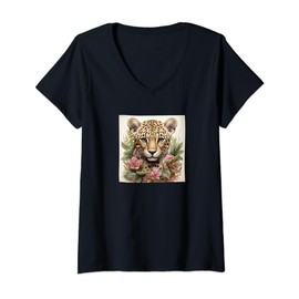 Womens Leopard With Succulents Around Boho Style Graphic V-Neck T-Shirt