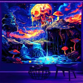 Onivein Blacklight Skull Forest Tapestry UV Reactive Skeleton Mushroom Waterfall Tree Tapestries Wall Hanging Aesthetic Tapestry for Bedroom Dorm Living Room Decor(51.2 x 59.1 Inches)