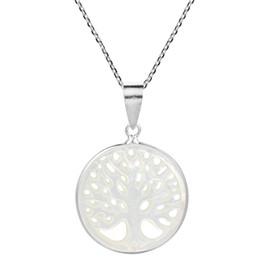 AeraVida 24mm Round Tree of Life Carved Mother of Pearl Shell Sterling Silver Necklace