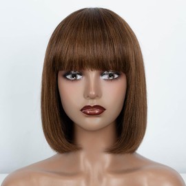 Rebecca Beauty Bob Wig with Bangs Human Hair, Brown Ombre Straight Bob Wig with Very Weak Yaki, Short Non Lace Bob Wig for Black Women (10 Inch, P4/30)