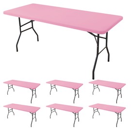 Enjoyidea Fitted Tablecloth for 8 Foot Rectangle Tables-6 Pack Pink Elastic Outdoor Picnic Table Cover-Spandex Stretch Folding Table Cloths 8ft for Camping Dining Room Patio Kitchen Banquet Party