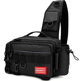 HAKAWAFLY 5-Way Fishing Bag with 2 Rod Belts and 5 Carabiners, Fishing Carrier Case, Waterproof Tackle Bag, Multi-functional, Large Capacity, Langan Bag (Black)