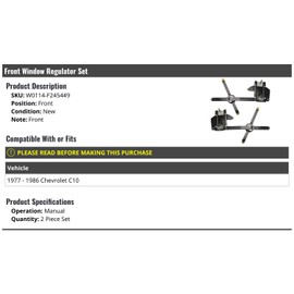 Marketplace Auto Parts Front Manual Window Regulator Set - 2 Piece - Compatible with 1977-1986 Chevy C10