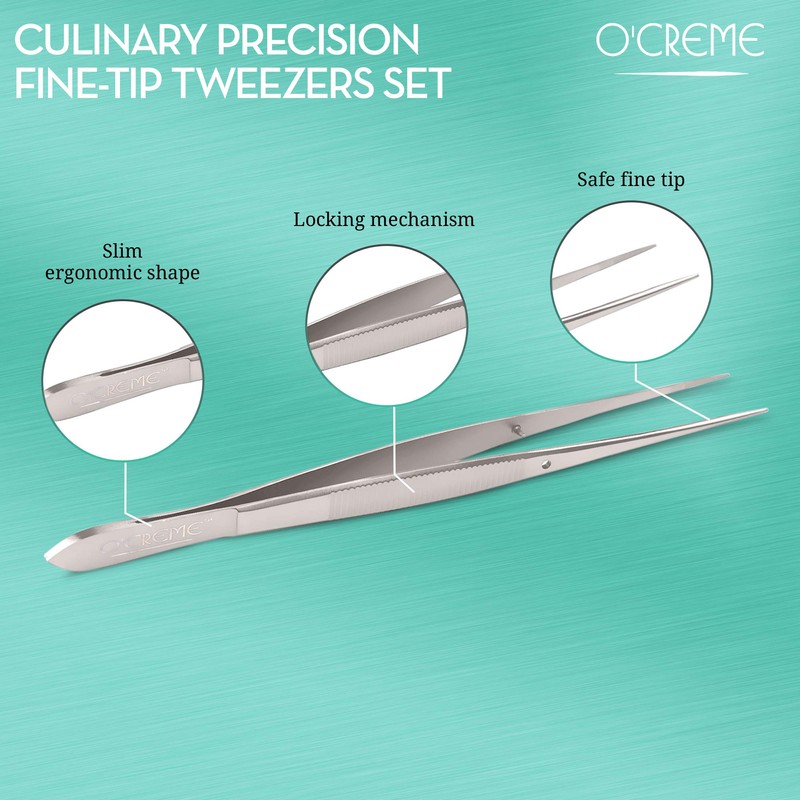 O'Creme Stainless Steel Precision Kitchen Tweezer Tongs 6.25" with Fine
