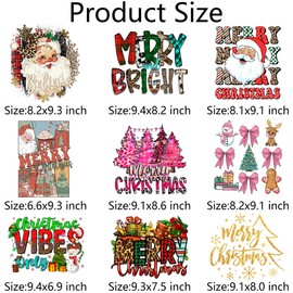 9 Sheets Christmas Iron On Decals Heat Transfer Patches for Clothing Merry Christmas Iron On Transfer Heat Press Decal Design Washbale Santa Claus Vinyl Sticker Xmas Decoration
