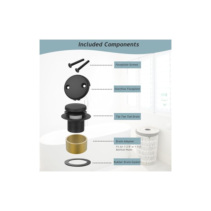 Tip-Toe Bathtub Drain Kit with Two-Hole Overflow Plate, Bath Tub