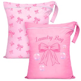 2PC Travel Laundry Bags, 55X45CM Large Waterproof Laundry Bags with Side Handles & Zippers, Dirty Clothes Organiser for Travel & Home Use (Pink Bows on Pink Background)