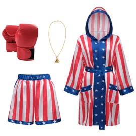 Giftdigger Rocky Balboa Costume Men and Women,American Flag Boxing Costume Adult with Boxing Glove,Satin Boxing Robe Shorts