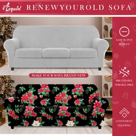 Arquiel Christmas Red Flower Stretch Sofa Cover, 4 Pieces Soft Couch Cover with 3 Separate Cushion Covers, Floral Sofa Slipcover, Washable Sofa Covers Furniture Protector for Living Room
