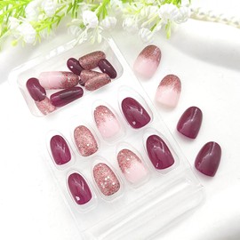 Short Round Press on Nails Burgundy Fake Nails with Glitter Sequins Designs Acrylic Glue on Nails Oval Short Nails Press ons Glossy False Nails Claret Cute Stick on Nails for Women 24Pcs