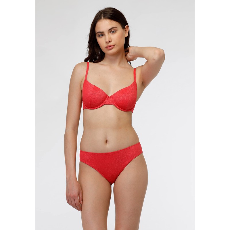Lovable Women's Plain Lurex Underwired Bra Two Piece Bikini, Coral,