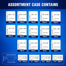 New Age America® 342pcs Blind Pop Rivets & Backup Washers | 3/32" to 1/4" | Silver | 14 Sizes | SAE Size Aluminum Rivets & 304 Stainless Steel Backup Washer | Rivet Kit w Steel Mandrel | Labelled Case