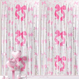 Pink Bow Foil Fringe Curtains Backdrop, 2 Pack 3.2×6.5 ft Pink Bow Party Coquette Birthday Decorations Backdrop for Baby Shower Girls Bachelorette Wedding Bow Supplies