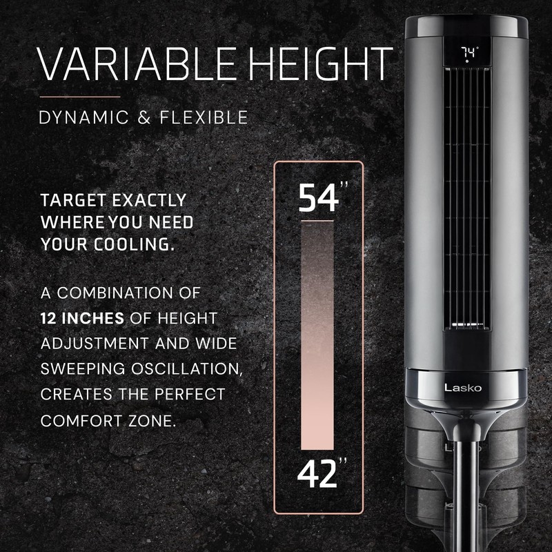 LASKO Elevation Adjustable Tower Fan 42”-54”, Pedestal Fan, 31 ft/s
