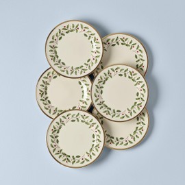 Lenox Holiday 6-Piece Salad Plates Dinnerware Set, Service For 6, Porcelain, Dishwasher Safe, Round Plates Set, Ivory Red & Green, Perfect for Gatherings, Hosting, Christmas Dinnerware (Ivory 6 Piece)