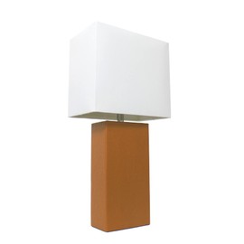 Lalia Home Lexington 21" Leather Base Modern Home Decor Bedside Table Lamp with White Rectangular Fabric Shade, Tan
