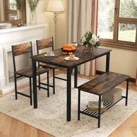 Tangkula Dining Table Set for 4, Kitchen Table and 2 Chairs for 4 with Bench, 4 Piece Dining Table Set for Small Space, Apartment