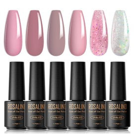 ROSALIND Semi-Permanent Nail Polish, 6 Colors Mini Pink Silver Glitter Semi-Permanent Nail Polish, Soak Off UV/LED Lamp Nail Polish DIY Manicure Nail Art Set