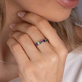 MATERIA by Matthias Wagner Rainbow Women's Ring with Colourful Stones 925 Sterling Silver SR-88, Sterling Silver, Cubic Zirconia