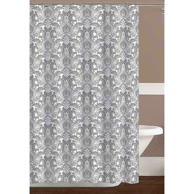 CHD Home Fabric Shower Curtain, Damask Floral Design, Grey and