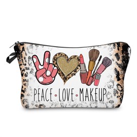 FITINI Makeup Bag Travel Small Portable Cosmetic Organizer Pouch for Women Zipper Waterproof Clutch Toiletry Storage,Leoprad Peace Love Makeup