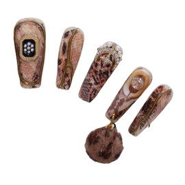 PN-022 Press-On Nails Lacquered Pack of 10 Reusable Artificial Premium Nails Reptiles Snake Pattern Crystals Bobble Beige Brown