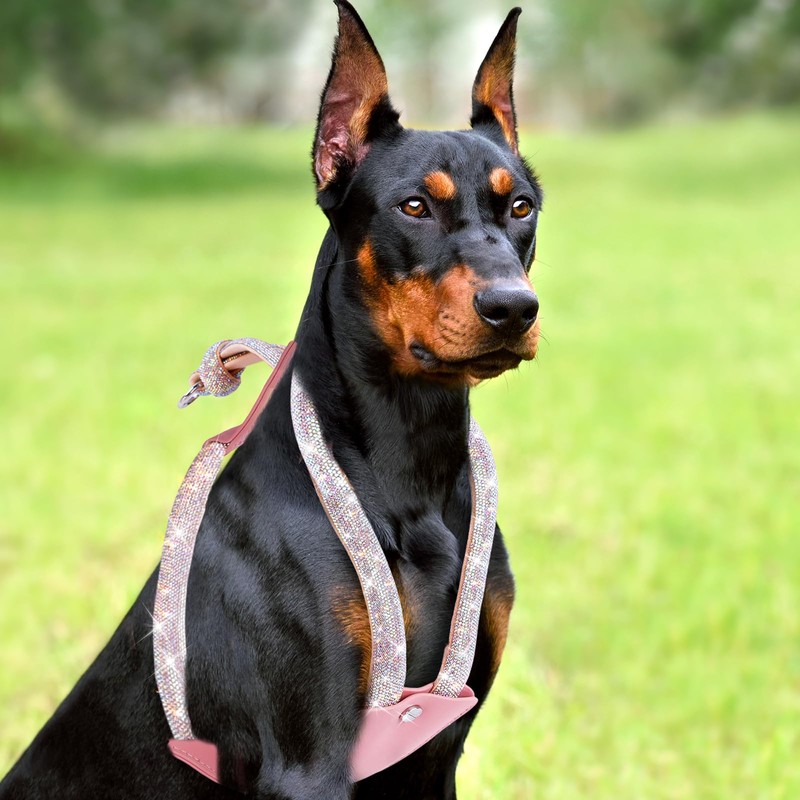 WOOFUU Rhinestone Dog Harness, Orange Leather No Pull Vest with