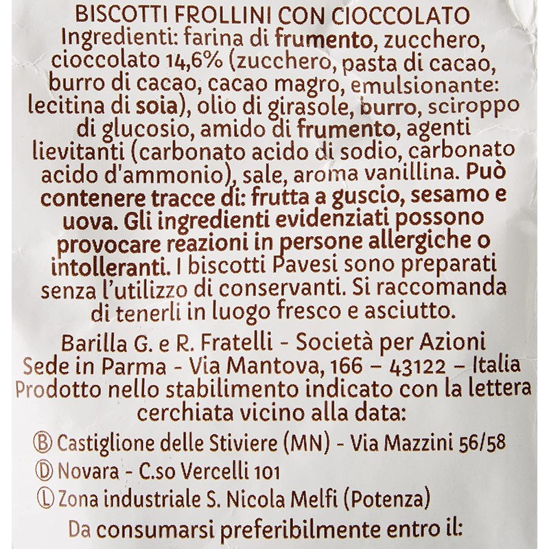 Pavesi: "Gocciole Chocolate" Biscuits with Chocolate drops , no palm
