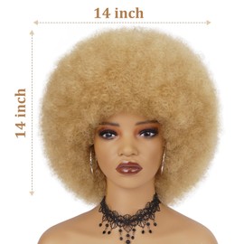 BESSY HAIR 70s Afro Wigs for Black Women, 27 Curly Afro Honey Blonde Wig with Bangs Big Bouncy Fluffy Puff and Soft Natural Look Synthetic Wig for Daily Party Cosplay Costume Halloweeen 14 Inch