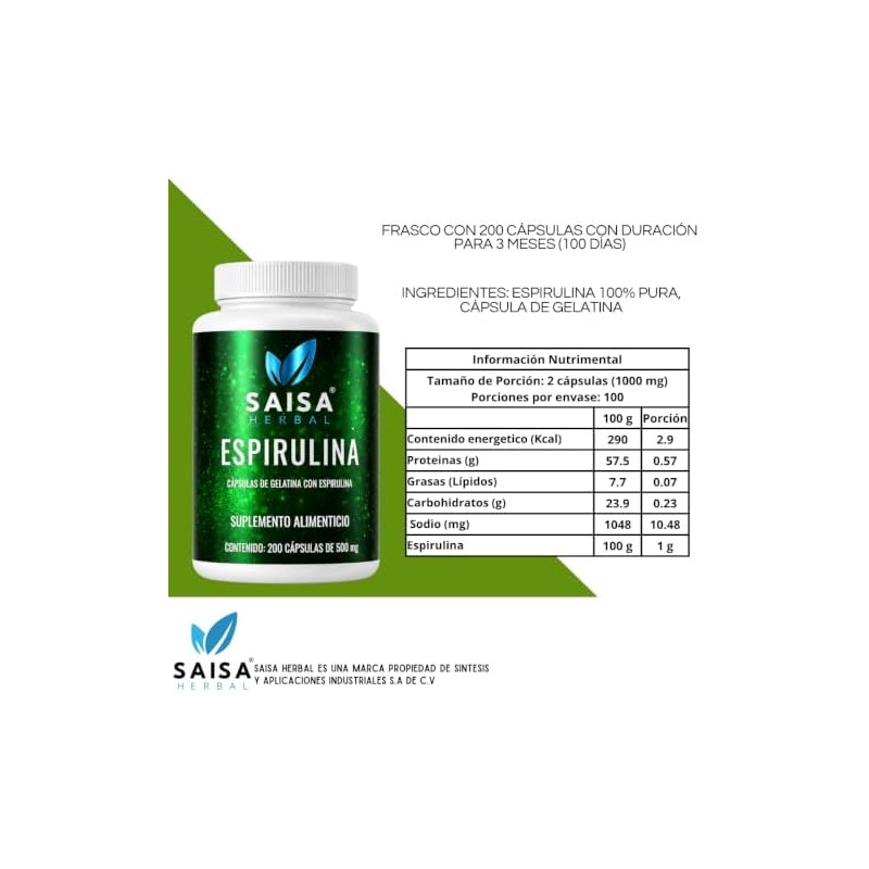 Alga Spirulina 100 Pura Bolsa Con 200 Cápsulas.