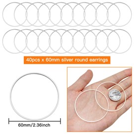 40pcs Earring Hoop Jewelry Making,60mm Beading Hoop Earrings Hypoallergenic Round Earrings Open Back Bezel Pendants for Jewelry Finding DIY Craft Women Gifts(Silver)