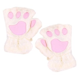 OAAO 1 Pair of Children's Cat Claw Gloves, Girls' Autumn and Winter Warm Gloves, Plush Warm Fingerless Gloves, Windproof Warm Gloves, Cute Thickened Velvet Half-Finger Cat Gloves (White)