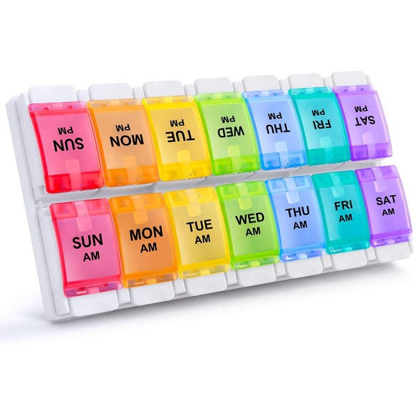 AM PM Weekly 7 Day Pill Organizer, Sukuos Large Daily Pill Cases Pill Box with Easy Push Button Design for Pills/Vitamin/Fish Oil/Supplements (Rainbow)