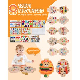 Heypappy Busy Board, 12 in 1 Busy Book Learning Sensory Toys for Toddlers with Fine Motor Skills, Busy Book Toys with Backpack Strap, Lion Shape