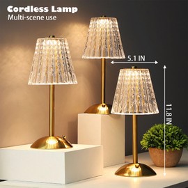 Cordless Table Lamp, 3 Colors Dimmable Crystal Lamp, Rechargeable Battery Operated Touch Lamp, Gold Metal Base Desk Lamps,Portable LED Small Table Lamp for Living Room Bedroom Bar Dining(Style B)
