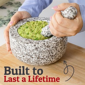 PriorityChef Heavy Duty Natural Granite Mortar and Pestle Set, 1.5 Cup, Carved from Natural Granite, Make Fresh Guacamole, Salsa, Pesto, Stone Grinder Bowl, Herb Crusher, Spice Grinder, White