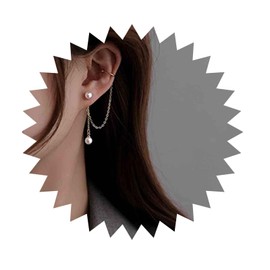 Allereya Vintage Pearl Cuff Chain Earrings Gold Chain Ear Cuffs Dangle Chain Cartilage Earrings Pearl Studs Earrings Cartilage Helix Earrings Helix to Lobe chain earrings Jewelry for Women and Girls