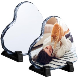 2Pcs Sublimation Slate Rock Blanks Heart Sublimation Stone Slate with Display Stands Heat Thermal Transfer Stone Photo Frame 14x14cm DIY Sublimation Blank for Desktop Souvenir Design Photos DIY Gift P