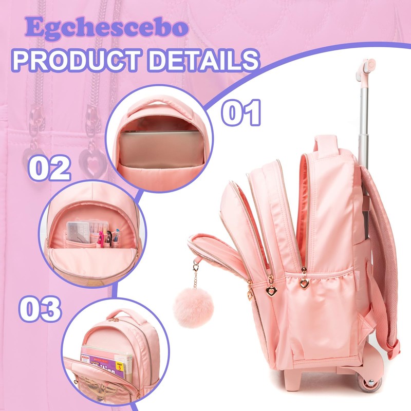 Kids Rolling Backpack for Girls Trolley Suitcases Luggage Travel with