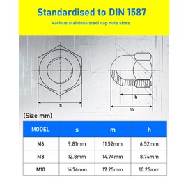 Pack of 15 cap nuts M8, cap nuts M8 stainless steel, HOLMOL 304 stainless steel cap nuts, high shape M8 cap nuts, stainless steel DIN 1587, cap nut M8 stainless steel for screws, threaded rods and